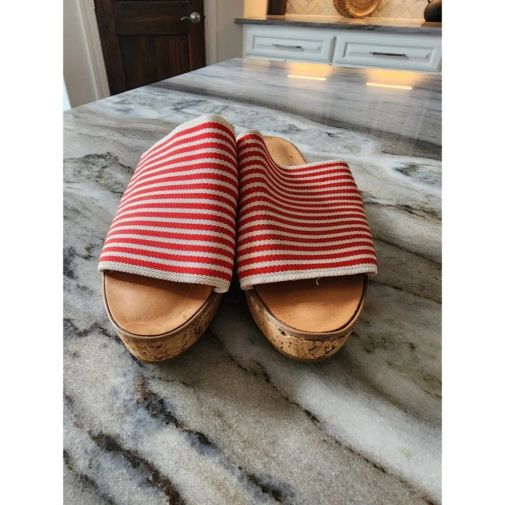 Vintage Y2K Red White Striped Cork Wedge Slide Sandals Womens